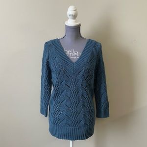 Club Monaco Dusty Blue knit crochet style 3/4 sleeve v-neck Sweater